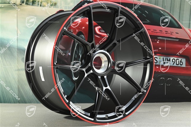 20+21 -inch GT3 wheel rim set, 9,5J x 20 ET46 + 12J x 21 ET45, black satin mat + red rim border