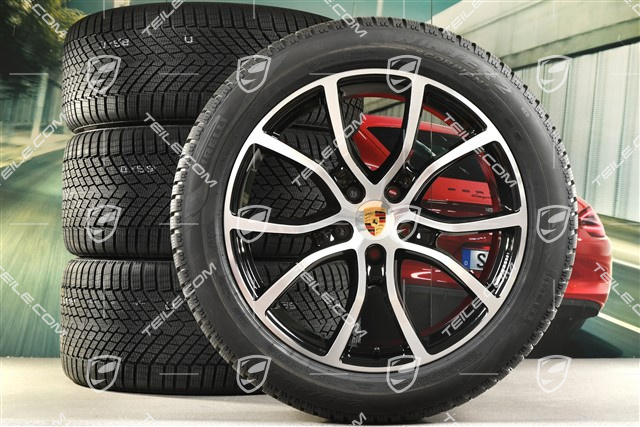 21" koła zimowe Cayenne Exclusive Design, komplet, felgi 9,5J x 21 ET46 + 11,0J x 21 ET58 + NOWE opony zimowe Pirelli Scorpion Winter 2 285/45 R21 + 305/40 R21, z czujnikami ciśnienia, czarny wysoki połysk