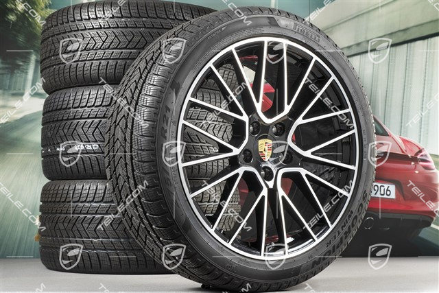 21" koła zimowe Cayenne RS Spyder, komplet, felgi 9,5J x 21 ET46 + 11,0J x 21 ET58 + NOWE opony zimowe Pirelli 275/40 R21 + 305/35 R21, z czujnikami ciśnienia, czarny wysoki połysk