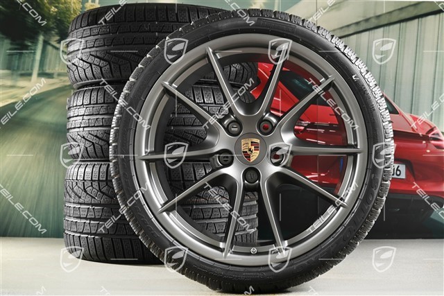 20" Carrera S (III) Winterräder Satz, 8,5J x 20 ET51 + 11J x 20 ET70 + NEUE Pirelli Winterreifen 245/35 ZR20 + 295/30 ZR20, Platinum, ohne RDK-Sensoren
