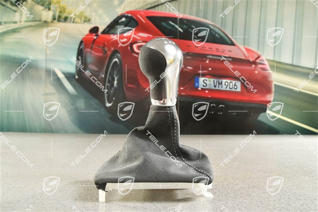 GT3 / Speedster, Gałka zmiany biegów z mieszkiem, 6 biegów manual, Alcantara czarna ze srebrnym przeszyciem