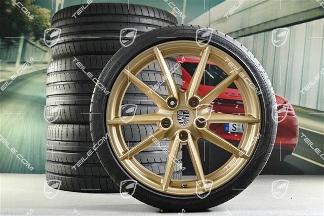 20"+21" Sommerräder Satz Carrera S, Felgen 8,5J x 20 ET53 + 11,5J x 21 ET67 + Sommerreifen 245/35 R20 + 305/30 R21, mit RDK-Sensoren, Aurum seidenmatt