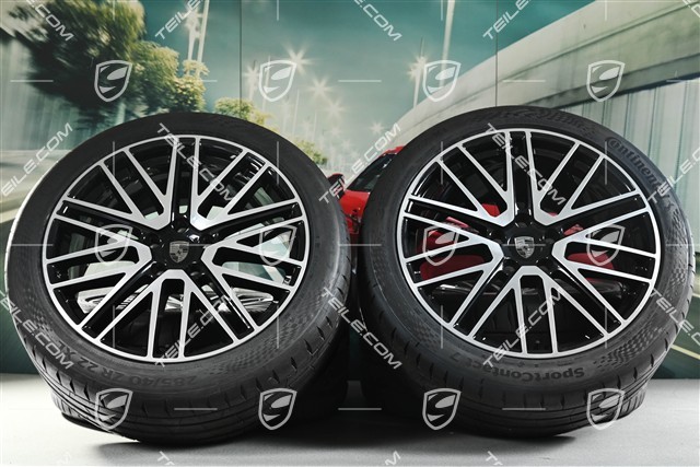 22" Sommerräder 911 Turbo Design, Felgen 10J x 22 ET48 +11,5J x 22 ET61 + Continental Sommerreifen 285/40 R22 + 315/35 R22, schwarz hochglanz, aus Neuwagen / ca. 30 Km, DOT/Bj. 2025