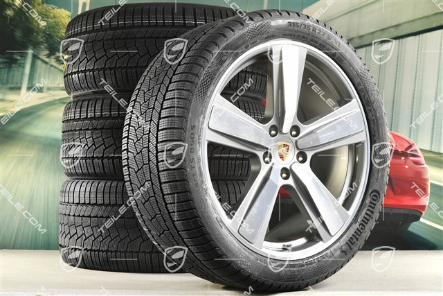 22" Koła zimowe, komplet, Cayenne Exclusive Design Sport, felgi 10J x 22 ET48 +11,5J x 22 ET61 + NOWE opony zimowe Continental 285/40 R22 + 315/35 R22, platynowy srebrny