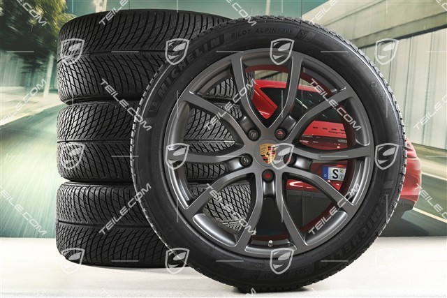 21" koła zimowe Cayenne Exclusive Design, komplet, felgi 9,5J x 21 ET46 + 11,0J x 21 ET58 + opony zimowe Michelin 285/45 R21 + 305/40 R21, z czujnikami ciśnienia, Vesuvius Grey