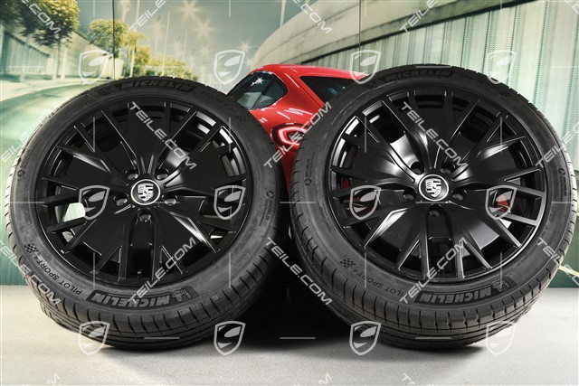 20" Turbo S Aero Design Sommerräder Satz, Felgen 9J x 20 ET54 + 11J x 20 ET60, NEUE Michelin Sommerreifen 245/45 R20 + 285/40 R20, in Schwarz Seidenmatt
