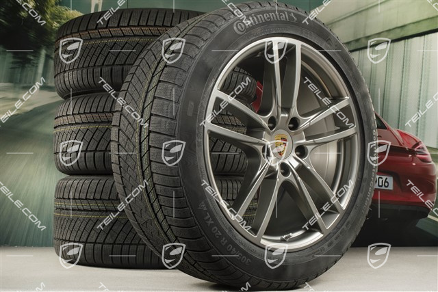 20" Cayenne COUPE Sport Winterräder Satz, Felgen 9J x 20 ET50 + 10,5J x 20 ET55 + NEUE Continental Winterreifen 275/45 R20 + 305/40 R20, mit RDK-Sensoren, Platinum Seidenmatt