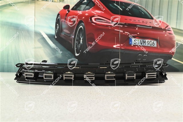 Trim, upper / rear, Porsche logo in Turbonite / Rhodium Grey