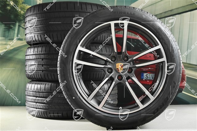 21-inch Cayenne Turbo summer wheel set, rims 9,5J x 21 ET46 + 11,0J x 21 ET58 + Pirelli P Zero summer tyres 285/40 R21 + 315/35 R21, with TPMS, polished / in titanium dark