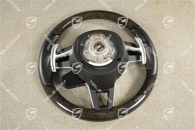 Kierownica wielofunkcyjna, Trójramienna, Sport Chrono Plus Package, Skórzana/Drewno, Czarna