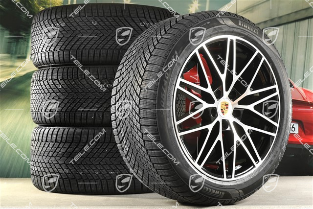 21" koła zimowe Cayenne COUPE "RS Spyder Design", komplet, felgi 9,5J x 21 ET46 + 11,0J x 21 ET49 + NOWE opony zimowe Pirelli Scorpion Winter 2 285/45 R21 + 305/40 R21, z czujnikami ciśnienia, czarny wysoki połysk