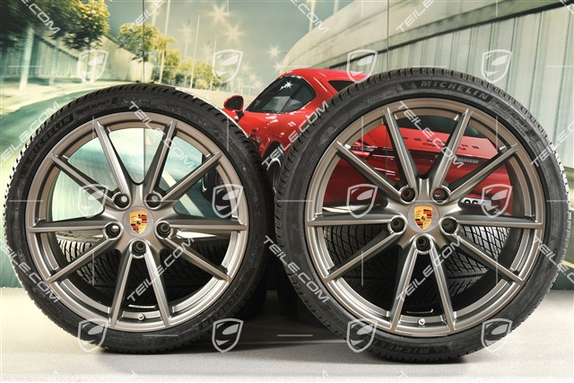 20"+21" koła zimowe Carrera S, komplet, felgi 8,5J x 20 ET53 + 11J x 21 ET66 + opony zimowe Michelin 245/35 R20 + 295/30 R21, Platinum satynowy mat