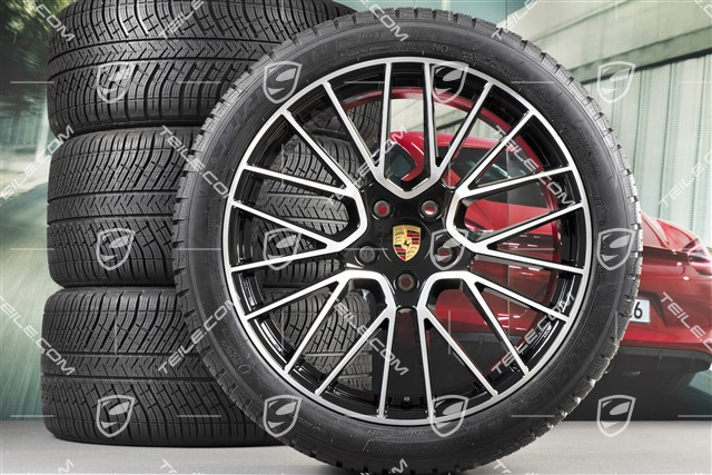 21" koła zimowe Cayenne RS Spyder, komplet, felgi 9,5J x 21 ET46 + 11,0J x 21 ET58 + NOWE opony zimowe Michelin 275/40 R21 + 305/35 R21, z czujnikami ciśnienia, czarny wysoki połysk