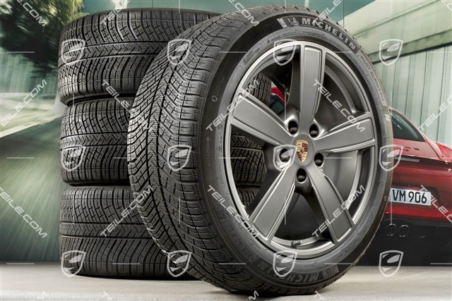 20" koła zimowe Cayenne Sport Classic Komfort, komplet, felgi 9J x 20 ET50 + 10,5J x 20 ET64 + NOWE opony zimowe Michelin 275/45 R20 + 305/40 R20, z czujnikami ciśnienia, Platinum półmat satyna