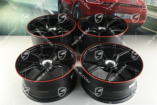 20"+21" GT3 komplet felg, 9,5J x 20 ET46 + 12J x 21 ET45, czarny satynowy półmat + czerwony rant