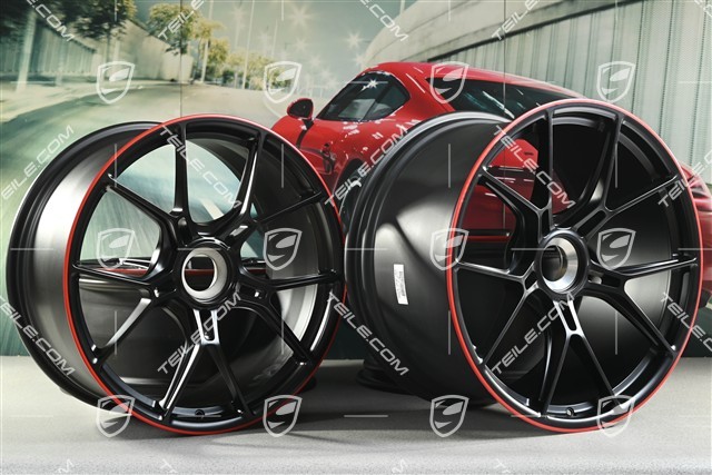 20+21 -inch GT3 wheel rim set, 9,5J x 20 ET46 + 12J x 21 ET45, black satin mat + red rim border