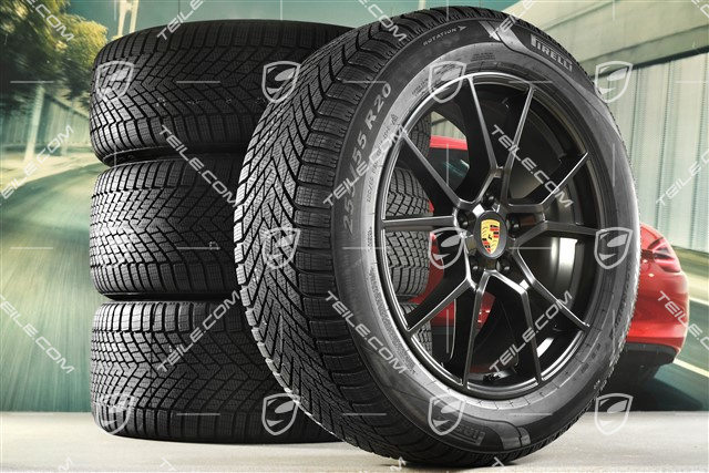 20" koła zimowe Cayenne S, komplet, felgi 9J x 20 ET50 + 10,5J x 20 ET64 + NOWE opony zimowe Pirelli 255/55 R20 + 295/45 R20, z czujnikami ciśnienia, czarny satynowy półmat