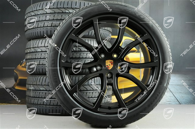 21" Cayenne Exclusive Design Sommerräder Satz, Felgen 9,5J x 21 ET46 + 11,0J x 21 ET58 + Pirelli P Zero Sommerreifen 285/40 R21 + 315/35 R21, mit RDK-Sensoren, Schwarz-Seidenmatt