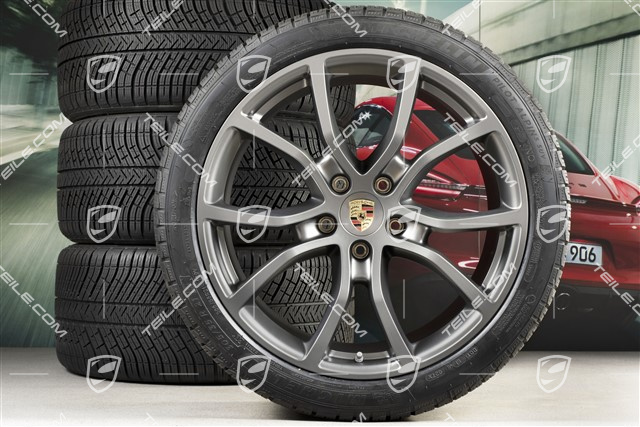 21" koła zimowe Cayenne Exclusive Design, komplet, felgi 9,5J x 21 ET46 + 11,0J x 21 ET58 + NOWE opony zimowe ichelin Pilot Alpin 5 275/40 R21 + 305/35 R21, z czujnikami ciśnienia, Platinum, półmat satyna