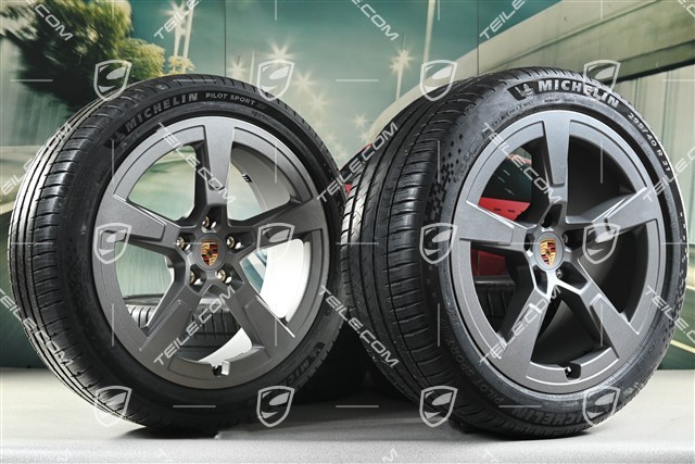 21" Macan Offroad Design Sommerräder Satz, Felgen 8,5J x 21 ET27 + 10,5J x 21 ET47 + Michelin Pilot Sport EV Sommerreifen 255/45 R21 + 295/40 R21, in Vesuvgrau