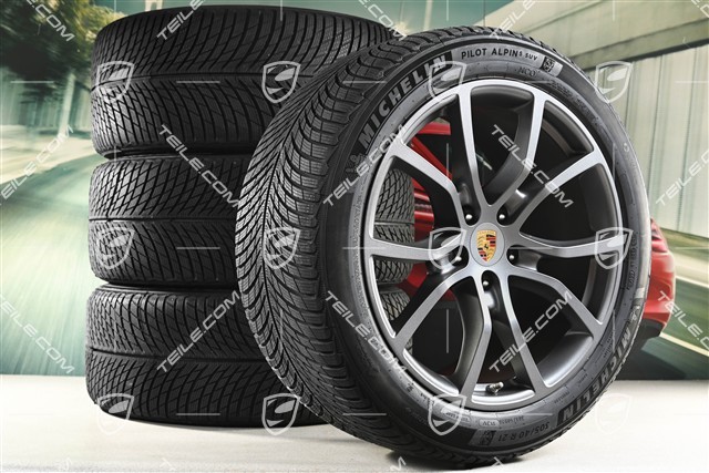 21" Cayenne Exclusive Design Winterräder Satz, Felgen 9,5J x 21 ET46 + 11,0J x 21 ET58 + NEUE Michelin Winterreifen 285/45 R21 + 305/40 R21, mit RDK-Sensoren, Vesuvgrau