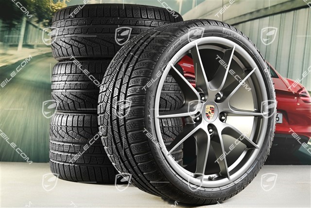 20" Carrera S (III) Winterräder Satz, 8,5J x 20 ET51 + 11J x 20 ET70 + NEUE Pirelli Winterreifen 245/35 ZR20 + 295/30 ZR20, Platinum, ohne RDK-Sensoren