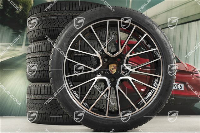 21" koła zimowe Cayenne RS Spyder, komplet, felgi 9,5J x 21 ET46 + 11,0J x 21 ET58 + opony zimowe Continental 275/40 R21 + 305/35 R21, z czujnikami ciśnienia, czarny wysoki połysk