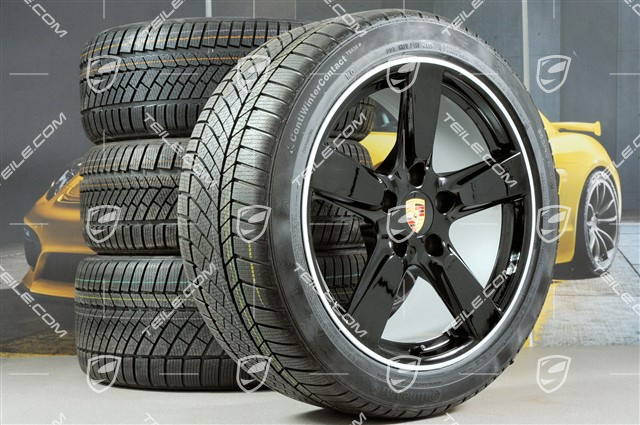 19" Winterräder Satz Cayman S, 8J x 19 ET57 + 9,5J x 19 ET45, Continental WinterContact TS 830P Winterreifen 235/40 R19 + 265/40 R19, mit RDK-Sensoren, Schwarz