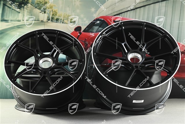 20"+21" GT3 komplet felg, 9,5J x 20 ET46 + 12J x 21 ET45, czarny satynowy półmat + biały rant