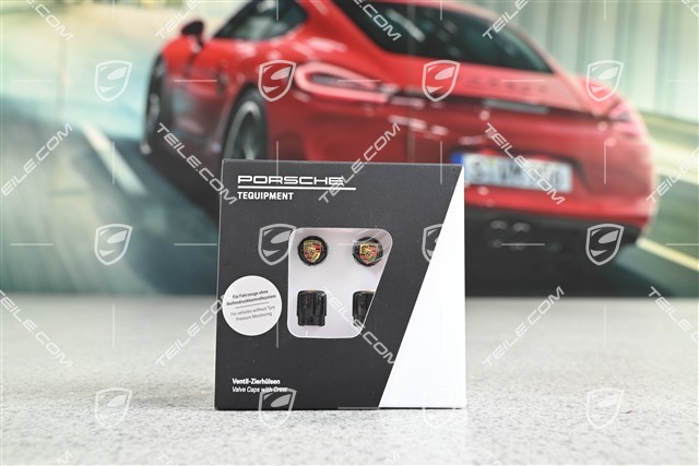 Ventilkappen Schwarz mit farbigem Porsche Wappen / Für Fahrzeuge ohne Reifendruckkontrollsystem RDK