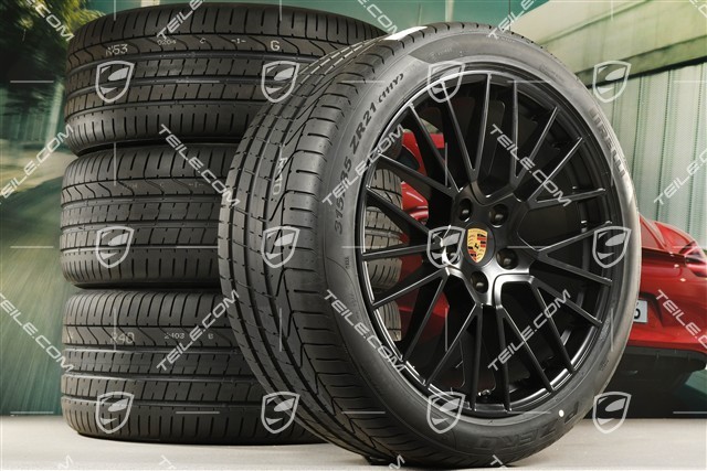 21" Cayenne RS Spyder Sommerräder Satz, Felgen 9,5J x 21 ET46 + 11,0J x 21 ET49 + NEUE Pirelli P Zero Sommerreifen 285/40 R21 + 315/35 R21, schwarz seidenmatt
