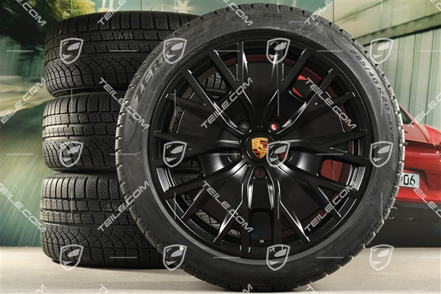 20" Turbo S Aero Design Winterräder Satz, Felgen 9J x 20 ET54 + 11J x 20 ET60 + NEUE Pirelli Winterreifen 245/45 R20 + 285/40 R20, schwarz seidenmatt