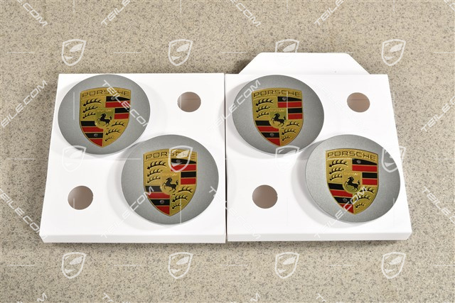 Satz Radzierkappen, farbigem Porsche Wappen GT Silber Metallic
