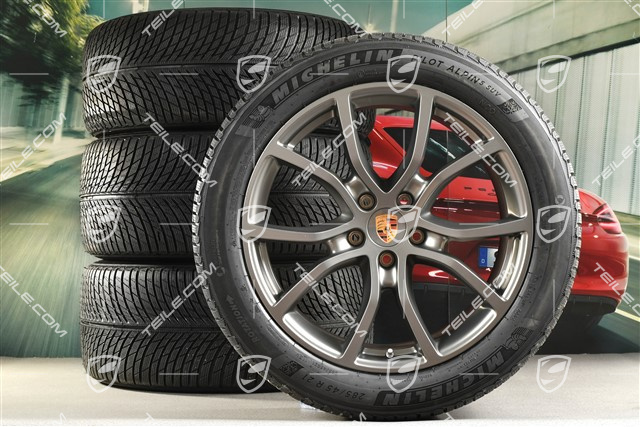 21" koła zimowe Cayenne COUPE Exclusive Design, komplet, felgi 9,5J x 21 ET46 + 11,0J x 21 ET49 + NOWE opony zimowe Michelin Pilot Alpin 5 SUV 285/45 R21 + 305/40 R21, z czujnikami ciśnienia, kolor platynowy-satyna