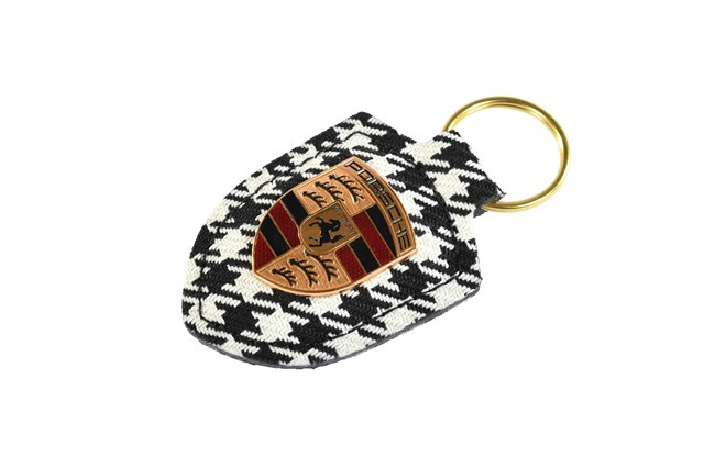Wappen Schlüsselanhänger, Leder + Pepita Stoff schwarz/weiß
