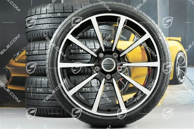 20" Carrera Classic Sommerräder Satz, Felgen 8J x 20 ET57 + 10J x 20 ET45 + NEUE Pirelli Sommerreifen 235/35 ZR20 + 265/35 ZR20, mit RDK-Sensoren, in Schwarz-Hochglanz
