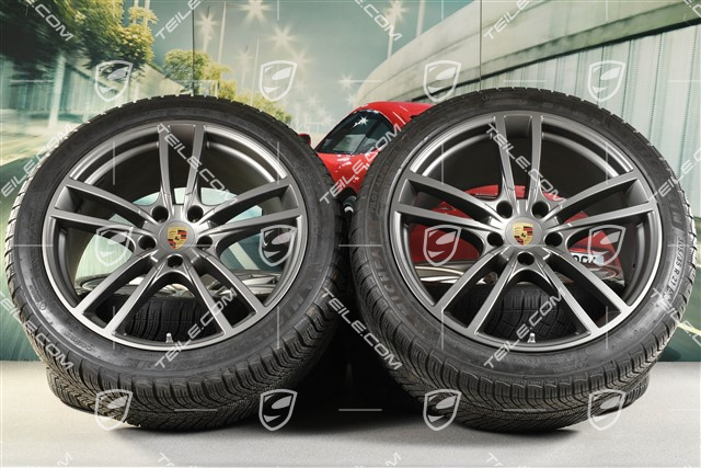 21" koła zimowe Cayenne Turbo, komplet, felgi 9,5J x 21 ET46 + 11,0J x 21 ET58 + opony zimowe Michelin 275/40 R21 + 305/35 R21, z czujnikami ciśnienia, Platinum półmat satyna