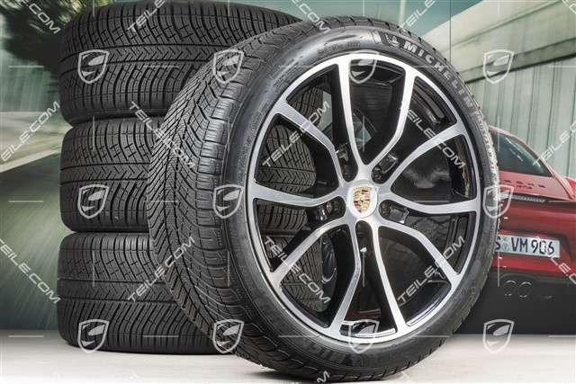 21" koła zimowe Cayenne Exclusive Design, komplet, felgi 9,5J x 21 ET46 + 11,0J x 21 ET58 + NOWE opony zimowe  Michelin Pilot Alpin 5  275/40 R21 + 305/35 R21, z czujnikami ciśnienia, czarny wysoki połysk + polerowana powierzchnia