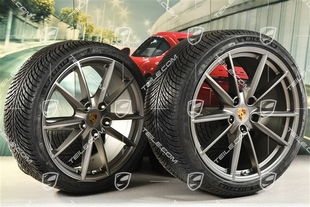 20"+21" koła zimowe Carrera S, komplet, felgi 8,5J x 20 ET53 + 11J x 21 ET66 + opony zimowe Michelin 245/35 R20 + 295/30 R21, Platinum satynowy mat