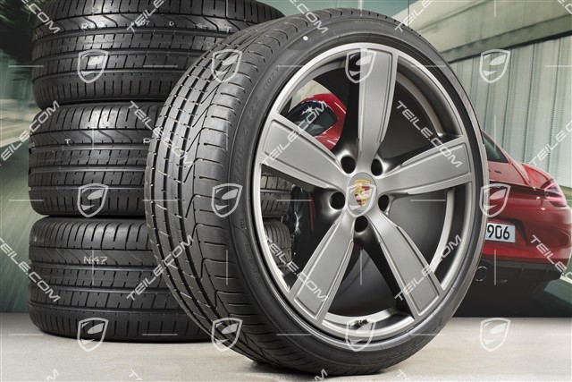 22-inch Cayenne Coupé Summer wheel set Sport Classic, wheel rims 10J x 22 ET48 + 11,5J x 22 ET52 + Pirelli summer tyres 285/35 R22 + 315/30 R22, with TPMS, Platinum satin matt