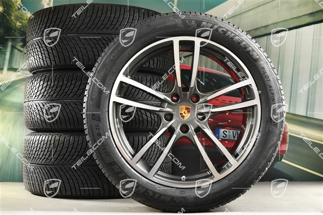 21" koła zimowe Cayenne COUPÉ Turbo Design, komplet, felgi 9,5J x 21 ET46 + 11,0J x 21 ET49 + NOWE opony zimowe Michelin 285/45 R21 + 305/40 R21, z czujnikami ciśnienia, Titanium