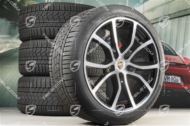 21" Cayenne Exclusive Design Winterräder Satz, Felgen 9,5J x 21 ET46 + 11,0J x 21 ET58 + Continental  Winterreifen 275/40 R21 + 305/35 R21, mit RDK-Sensoren, schwarz hochglanz + Glanzdrehbereichen