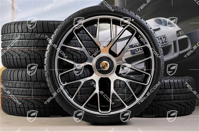 GT3 20" koła zimowe, komplet, "Turbo S" central. moc., 9J x 20 ET51 + 11J x 20 ET59 + NOWE opony zimowe Michelin 245/35 R20+295/30 R20, czujniki RDK
