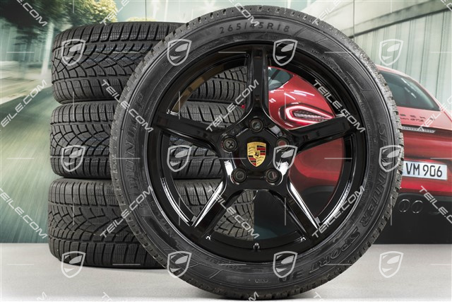 18" Boxster Winterräder Satz, 8J x 18 ET57 + 9J x 18 ET47 + NEUE Winterreifen Dunlop 235/45 R18 + 265/45 R18, schwarz hochglanz, ohne RDK-Sensoren