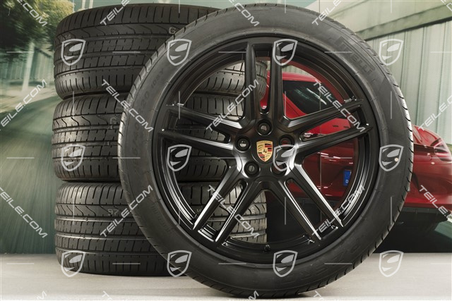 20" Turbo Sommerräder Satz, Felgen 9J x 20 ET26 + 10J x 20 ET19 + Pirelli Sommerreifen 265/45 R20 + 295/40 R20, Schwarz seidenmatt, mit RDK-Sensoren