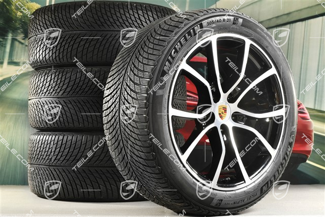 21" Cayenne Exclusive Design Winterräder Satz, Felgen 9,5J x 21 ET46 + 11,0J x 21 ET58 + NEUE Michelin Winterreifen 285/45 R21 + 305/40 R21, mit RDK-Sensoren, schwarz hochglanz