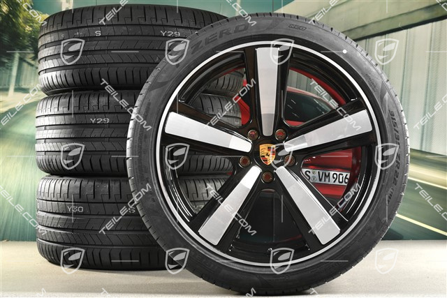 22" Sommerräder Cayenne Exclusive Design Sport, Felgen 10J x 22 ET48 +11,5J x 22 ET61 + NEUE Pirelli Sommerreifen 285/40 R22 + 315/35 R22, schwarz hochglanz