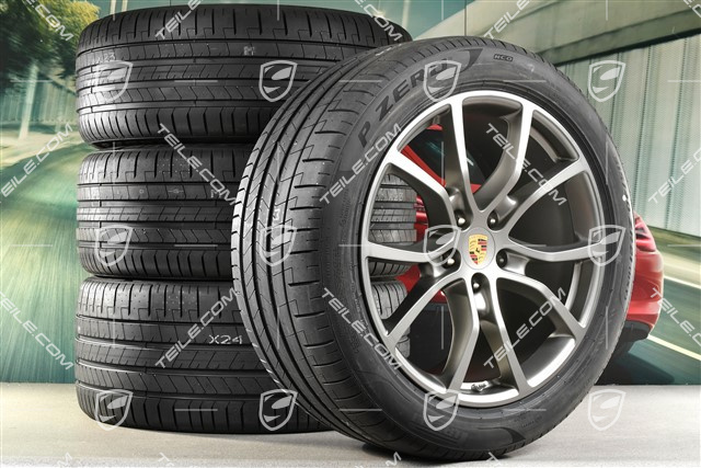 21" koła letnie Cayenne Exclusive Design, komplet, felgi 9,5J x 21 ET46 + 11,0J x 21 ET58 + NOWE opony letnie Pirelli P Zero 285/45 R21 + 315/40 R21, z czujnikami ciśnienia, kolor platynowy-satyna