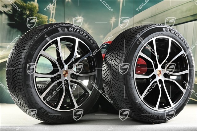 21" koła zimowe Cayenne COUPE Exclusive Design, komplet, felgi 9,5J x 21 ET46 + 11,0J x 21 ET49 + opony zimowe Michelin Pilot Alpin 5 SUV 285/45 R21 + 305/40 R21, z czujnikami ciśnienia, czarny wysoki połysk