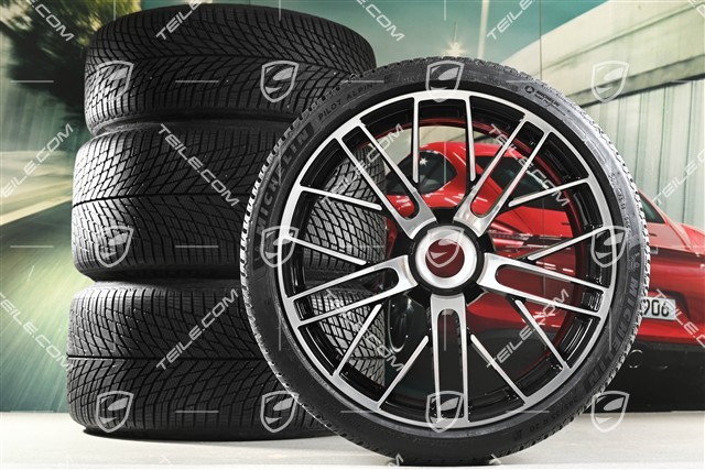 20+21" 911 Turbo S Winterräder Satz, Felgen 8,5J x 20 ET40 + 11,5 x 21 ET62 + NEUE Michelin Winterreifen 245/35 R20 + 315/30 R21, schwarz hochglanz + glanzgedrecht